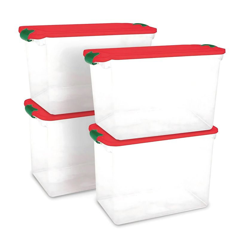 HOMZ 112-Quart Holiday Clear Plastic Ornament Storage, Red/Green, 4 Pack
