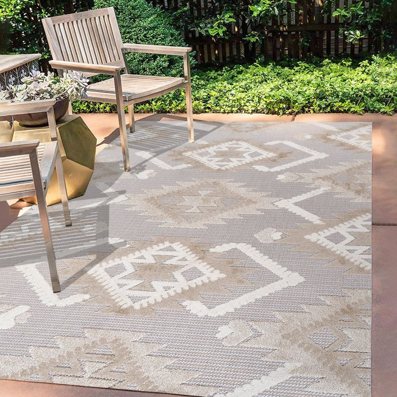 3'x5' Sumak High-Low Pile Neutral Diamond Kilim Indoor/Outdoor Area Rug, Beige/Gray - JONATHAN Y