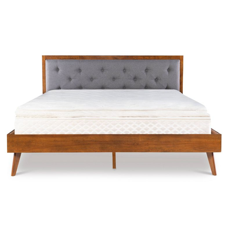 King Reid Mid-Century Platform Bed in Walnut Finish with Tufted Headboard in Gray Fabric - Linon: Upholstered Polyester, No Box Spring Needed