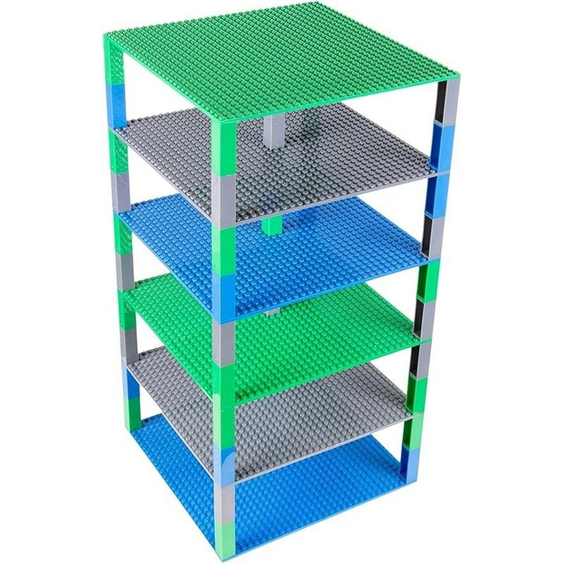 Strictly Briks Toy Building Block - Classic Baseplates 10" x 10" Brik Tower, 6 Baseplates & 50 Stackers in Blue Green & Gray, 56 Pc