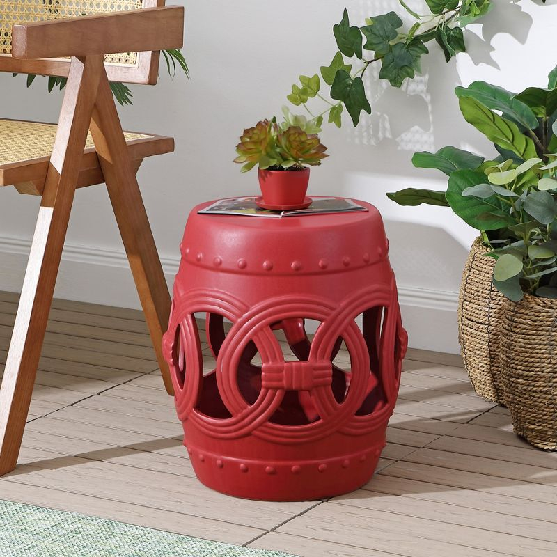 JONATHAN Y Lucky Coins 16" Chinese Ceramic Drum Garden Stool, Matte Red