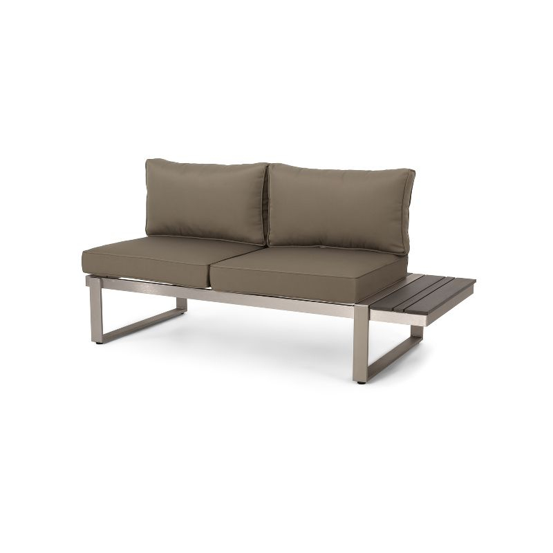 GDFStudio Johana Outdoor Aluminum V-Shaped 5 Seater Sofa Set with Cushions, Silver/Gray/Khaki