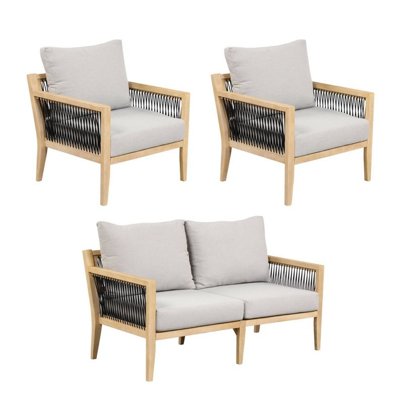 Nathan James 3pc Freya Bohemian Wood Outdoor Patio Conversation Set: Acacia Frame, UV-Resistant
