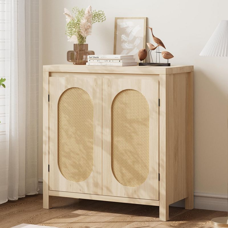 Rattan Storage Cabinet, Wooden Sideboard Buffet Cabinet with Doors and Shelves, Small Console Cabinet with Storage