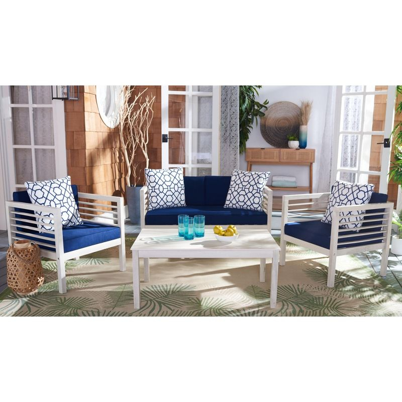 Alda 4 Piece Set - Indoor/Outdoor - PAT7033 - White/Navy + Trellis Pillow - Safavieh