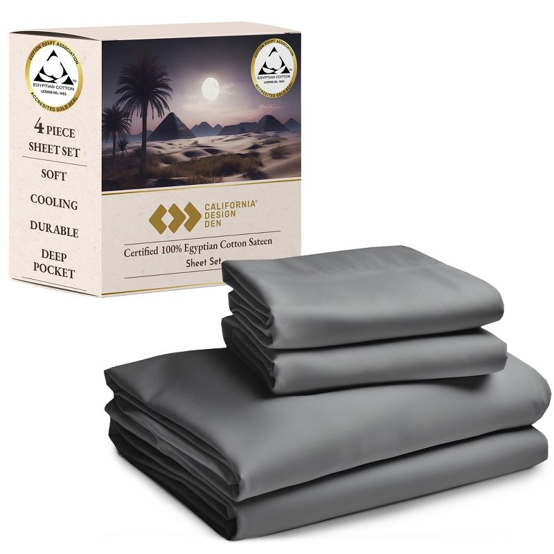 California Design Den Certified 100% Egyptian Cotton Queen Sheets Set, Cotton Bed Sheets, 4 Piece Bedding Sheets & Pillowcases Set, Charcoal Grey