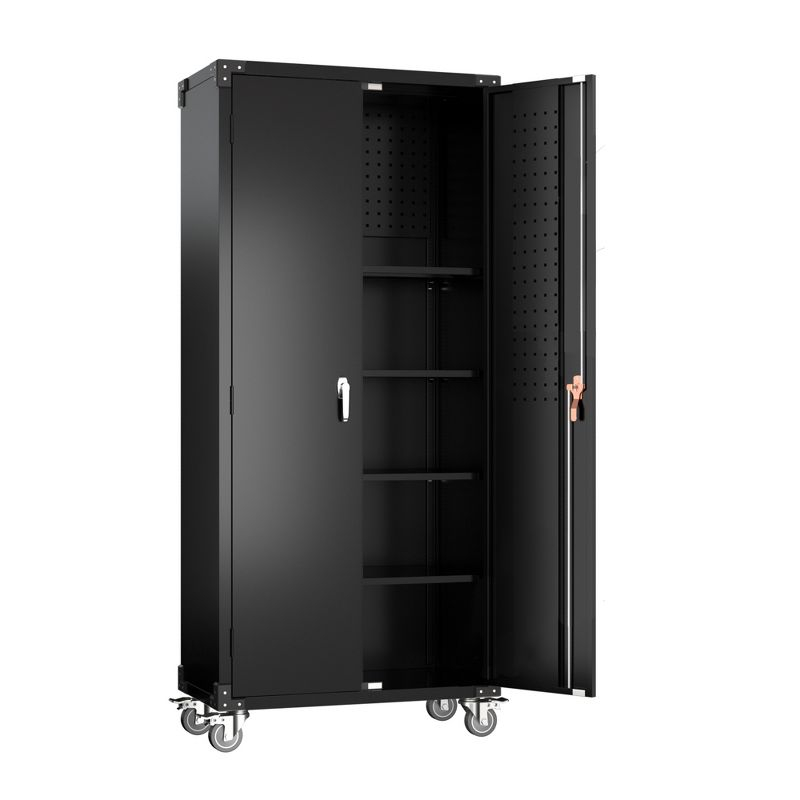 AOBABO 72 Inch Locking Metal Garage Storage Cabinet with Universal Rubber Wheels with Lockable Casters, Pegboards, and Magnetic Doors, Black