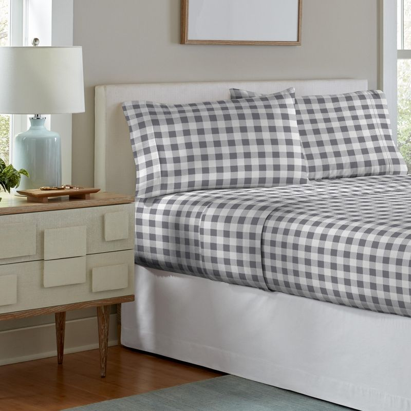 Pointehaven 180 GSM 100% Cotton Grey Checkerboard Printed Flannel Deep Pocket 4 pc Sheet Set, Full