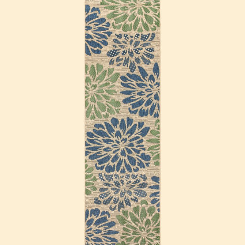 2'x8' Zinnia Modern Floral Textured Weave Indoor/Outdoor Runner Rug, Navy/Green - JONATHAN Y