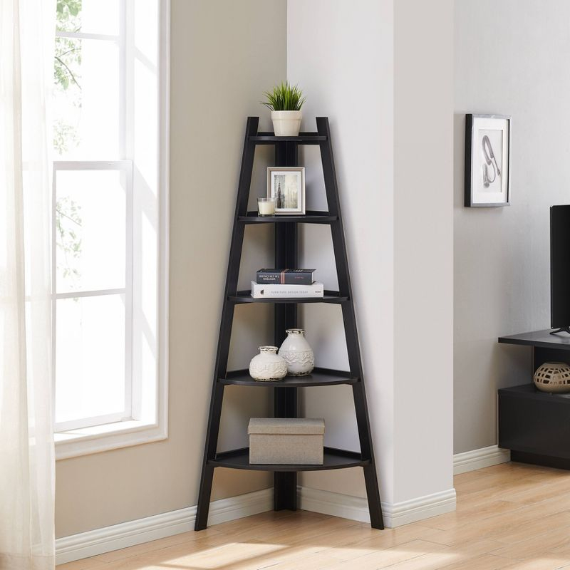 63" x 26.5" Five-Tier Pyramid Corner Ladder Shelf Black - Danya B.: Matte Finish, Wood Frame, Fixed Open Shelves