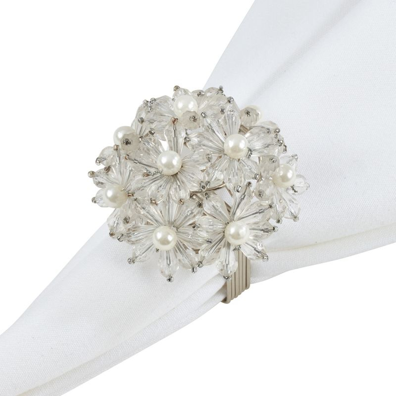 Saro Lifestyle Beaded Floral Design Napkin Rings (Set of 4), Clear