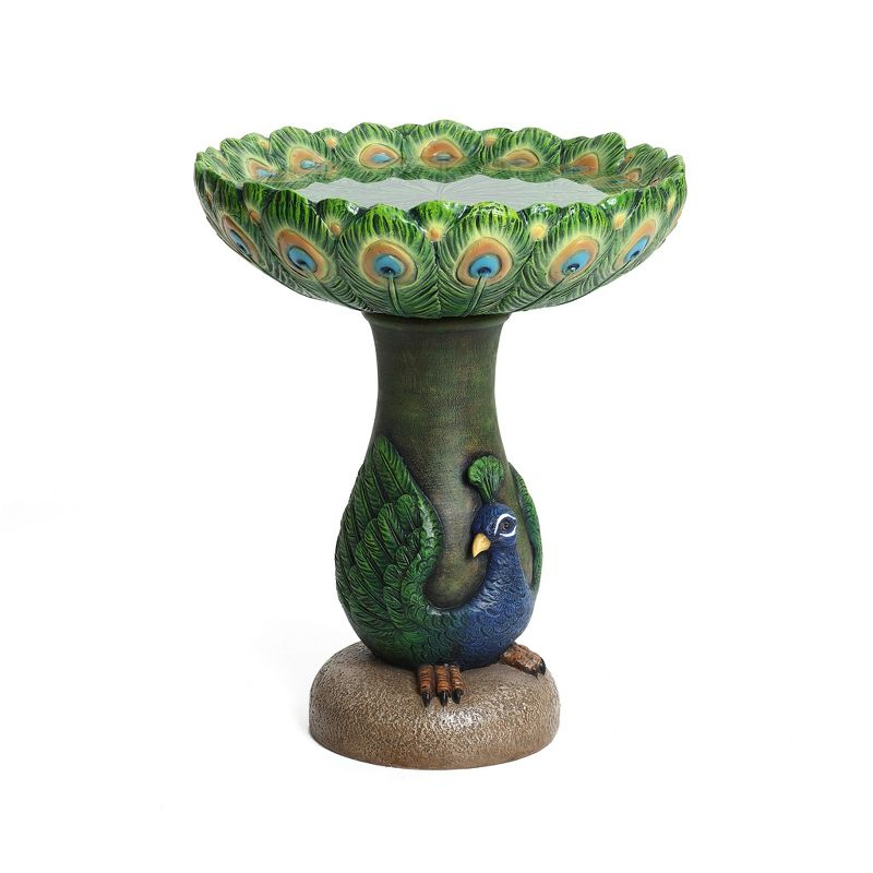 LuxenHome 20" Elegant Tall Peacock Outdoor Resin Bird Bath with Elegant Feather Basin for Garden, Patio Multicolored