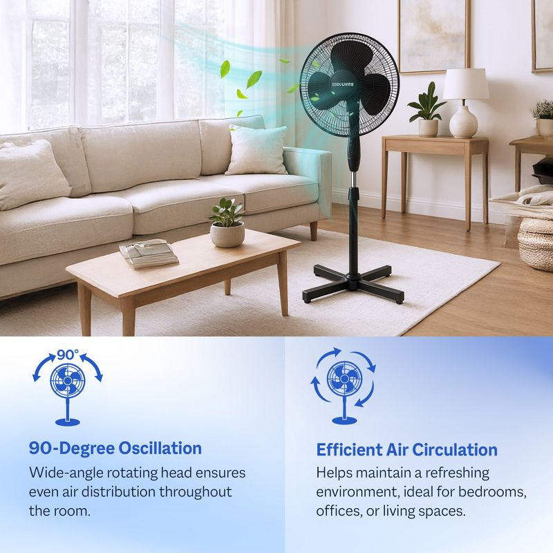 Cool-Living 16" Electric Oscillating Pedestal Fan with 3 Speed Options, 90-Degree Rotating Head, and Adjustable Height and Tilt, Black