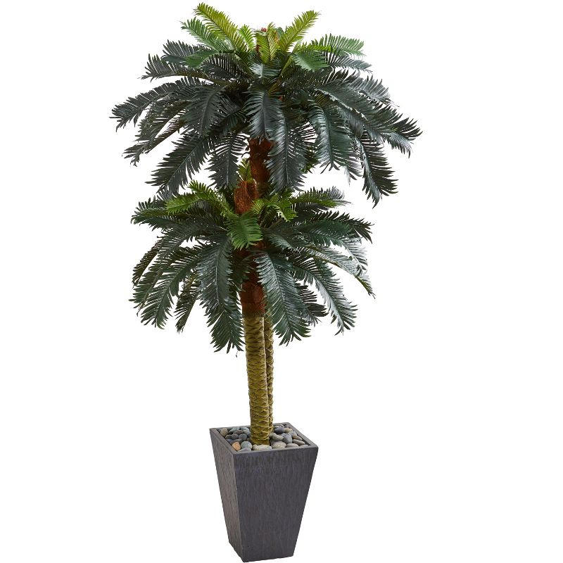Nearly Natural 6-ft Double Sago Palm Artificial Tree Slate Finished Planter