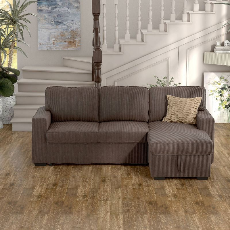 HOMES: Inside + Out Paeke Sleeper Sectional Sofa Corduroy with Storage Chaise and Reversible Brown