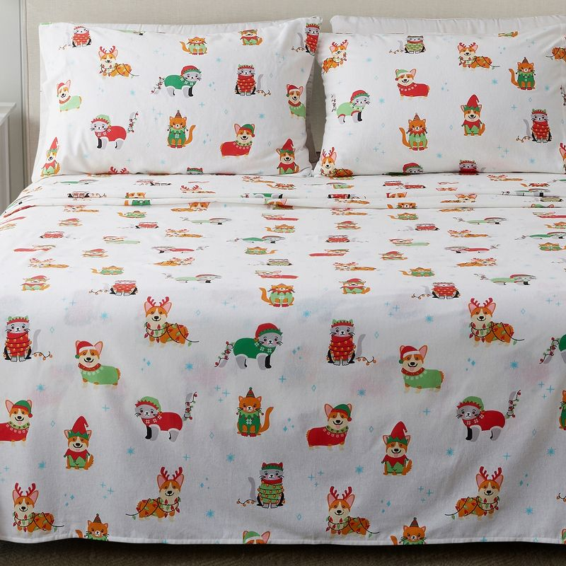 100% Cotton Christmas Flannel Sheets - Great Bay Home (Queen, Dog Cat Christmas)