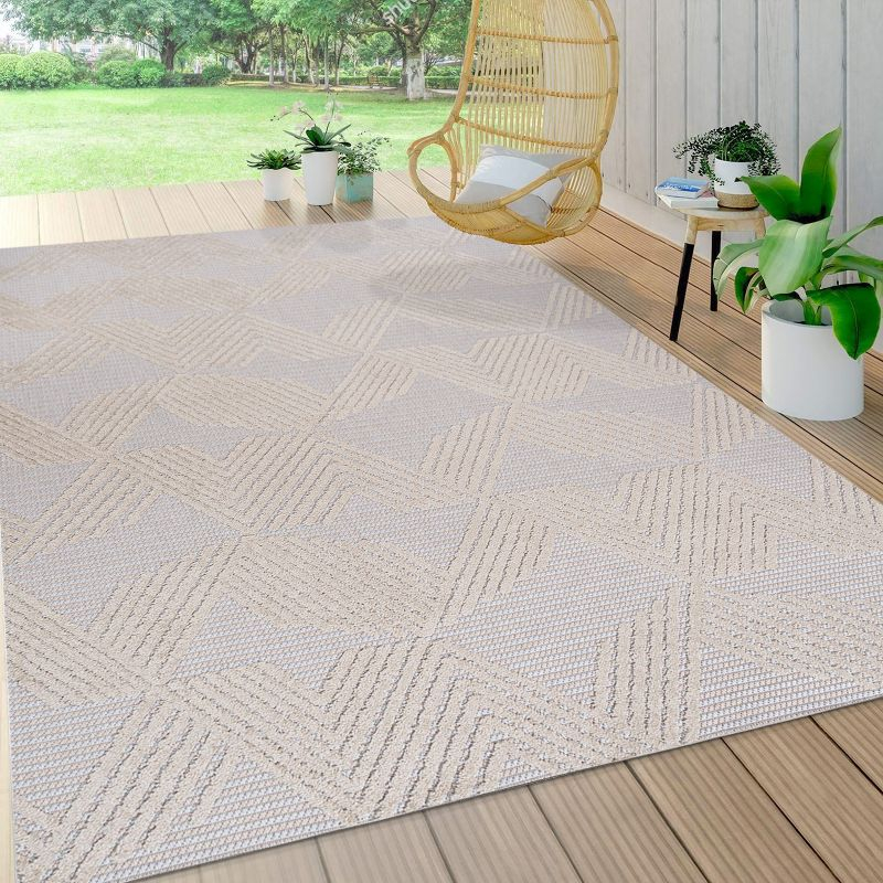 8'x10' Jazz High-Low Pile Art Deco Geometric Indoor/Outdoor Area Rug, Beige - JONATHAN Y
