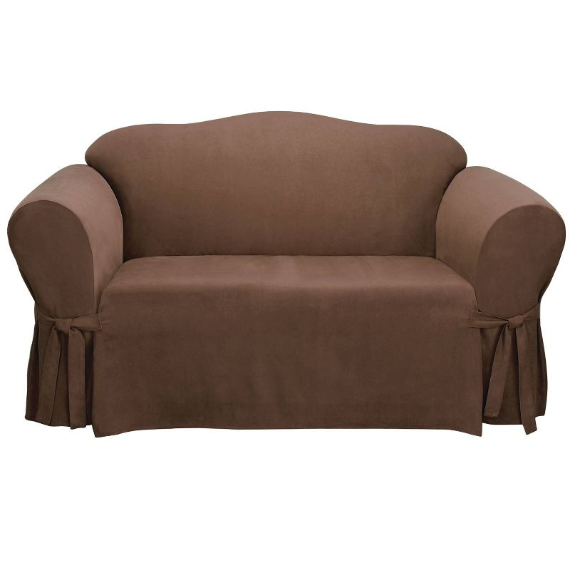 Soft Suede Loveseat Slipcover Chocolate - Sure Fit: Stretch Fit Polyester & Spandex, Indoor Use, Zipper Closure