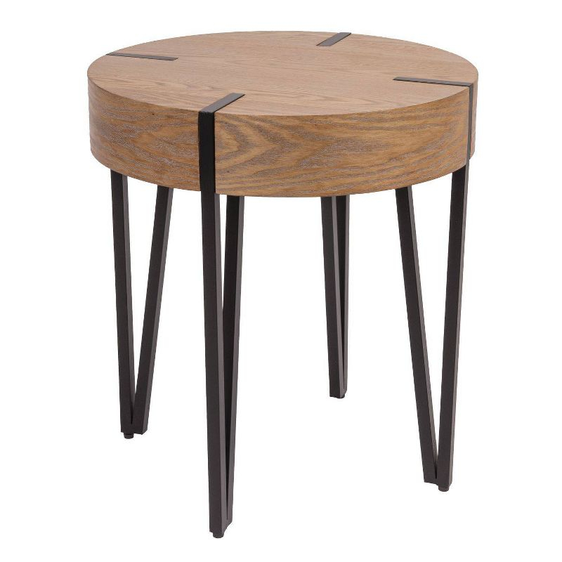 Storied Home Astoria Wood End Accent Table Natural/Black: Iron Hairpin Legs, Pacific Northwest Inspired, Round Shape