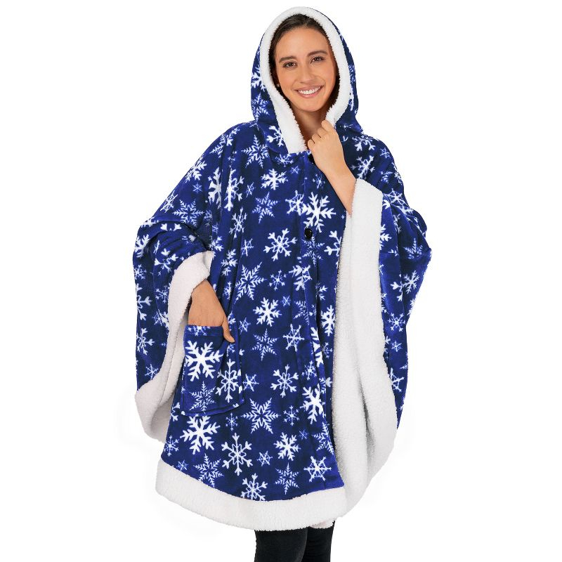 PAVILIA Angel Wrap Hooded Blanket for Women Adult, Wearable Cozy Wrap Throw Fleece Shawl Cape, Snowflake Blue/Faux Shearling
