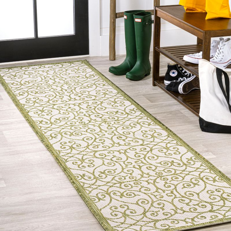 2' x 10' Madrid Vintage Filigree Textured Weave Indoor/Outdoor Runner Rug, Green/Cream - JONATHAN Y