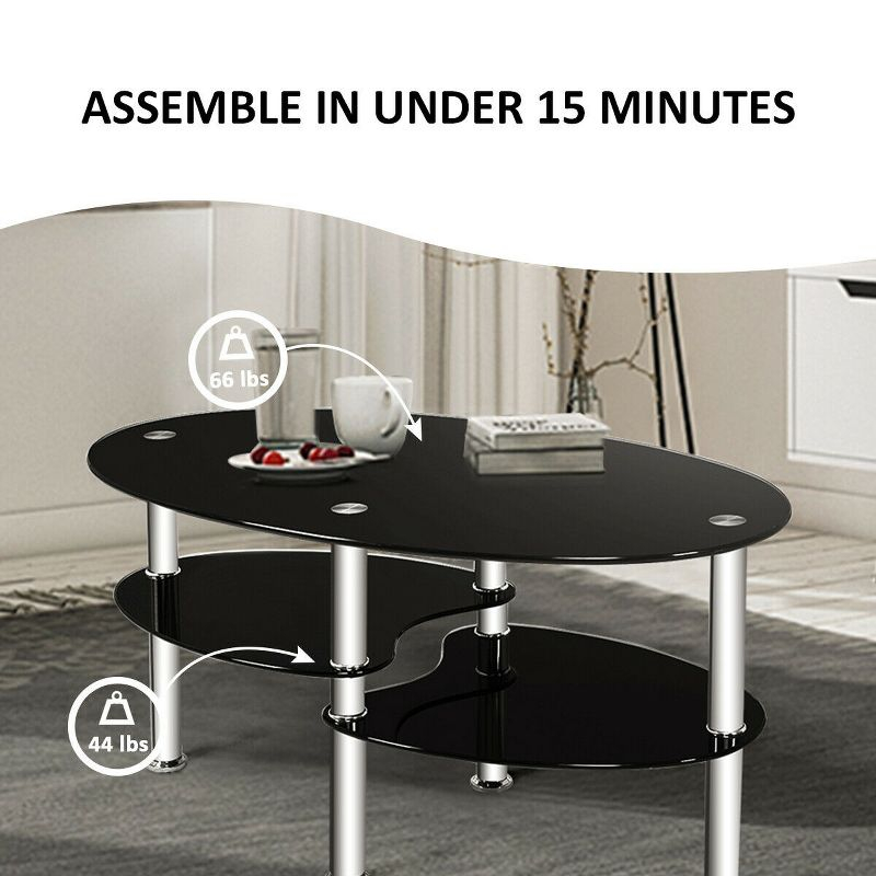 Costway Tempered Glass Oval Side Coffee Table Shelf Chrome Base Living Room Black