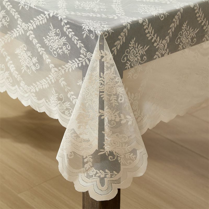 HLC.ME Isabella Floral Patterned Scalloped Tablecloth, Wrinkle Resistant, Lace Fabric Table Cloth for Round Tables - Linen, 70 Round