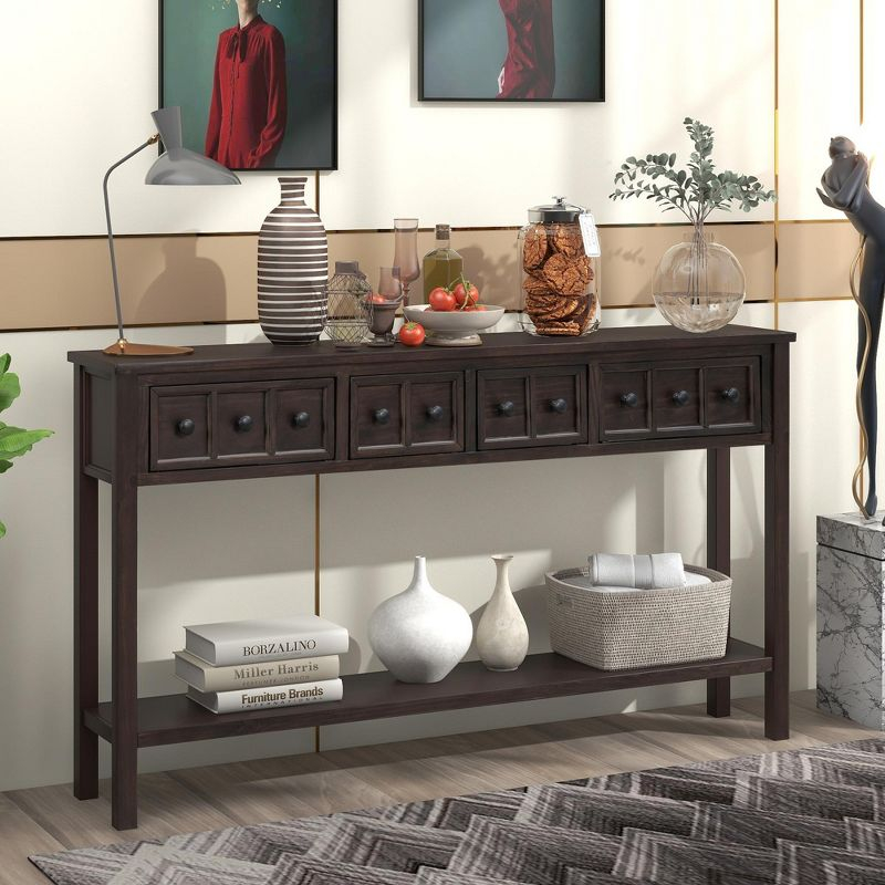Rustic Entryway Console Table, 60" Sofa Table with Two Different Size Drawers and Bottom Shelf, Espresso-ModernLuxe