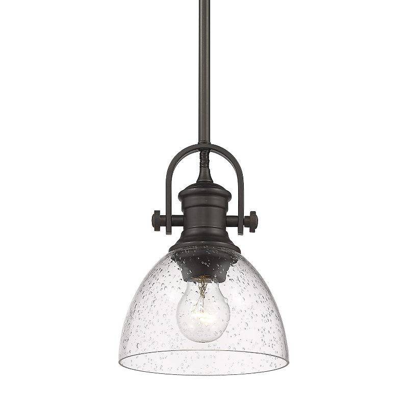 Golden Lighting Hines 1-Light Mini Pendant in Rubbed Bronze with Seeded Glass
