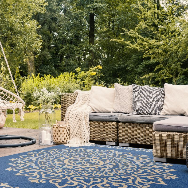 Beach House BHS183 Power Loomed Indoor/Outdoor Area Rug - Cream/Blue - 8'x10' - Safavieh