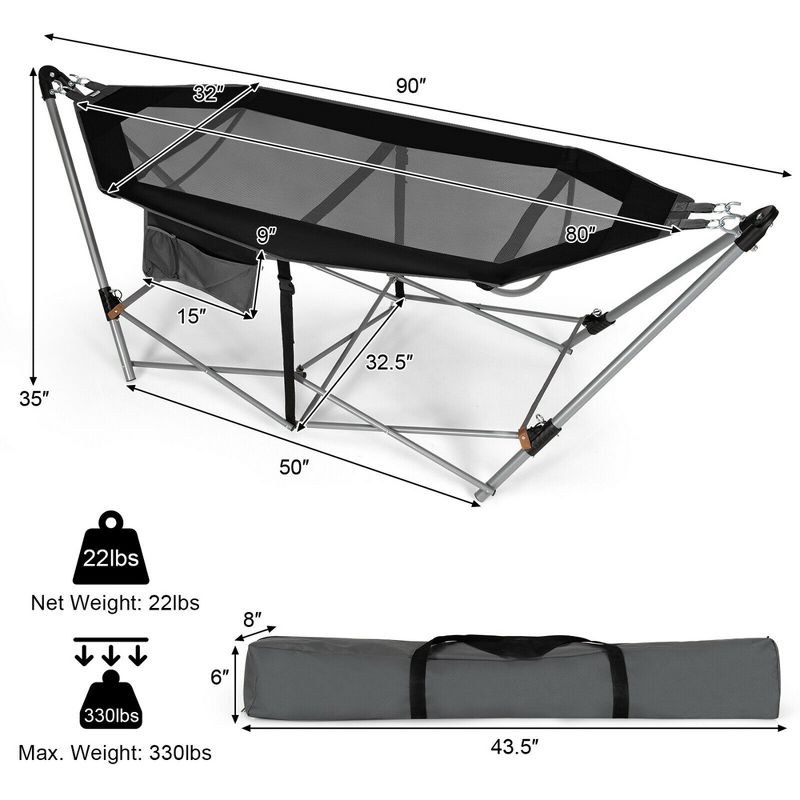 Costway Folding Hammock Indoor & Outdoor Hammock with Side Pocket & Iron Stand Black