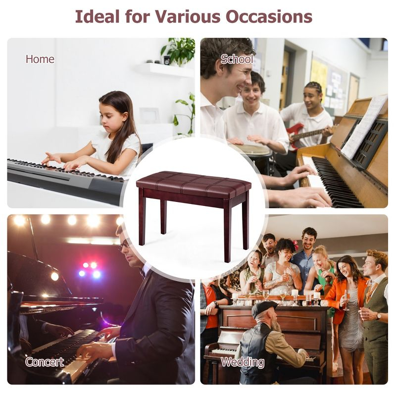 Costway Solid Wood PU Leather Piano Bench Padded Double Duet Keyboard Seat Storage Brown