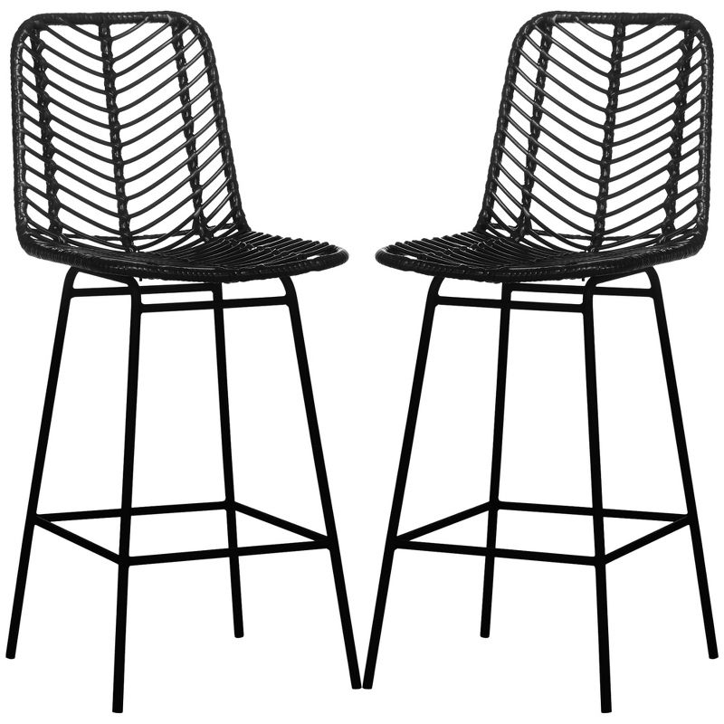 HOMCOM Modern Rattan Bar Stools Set of 2, Breathable Steel-Base Wicker Counter Height Barstools for Kitchen Counter, Black