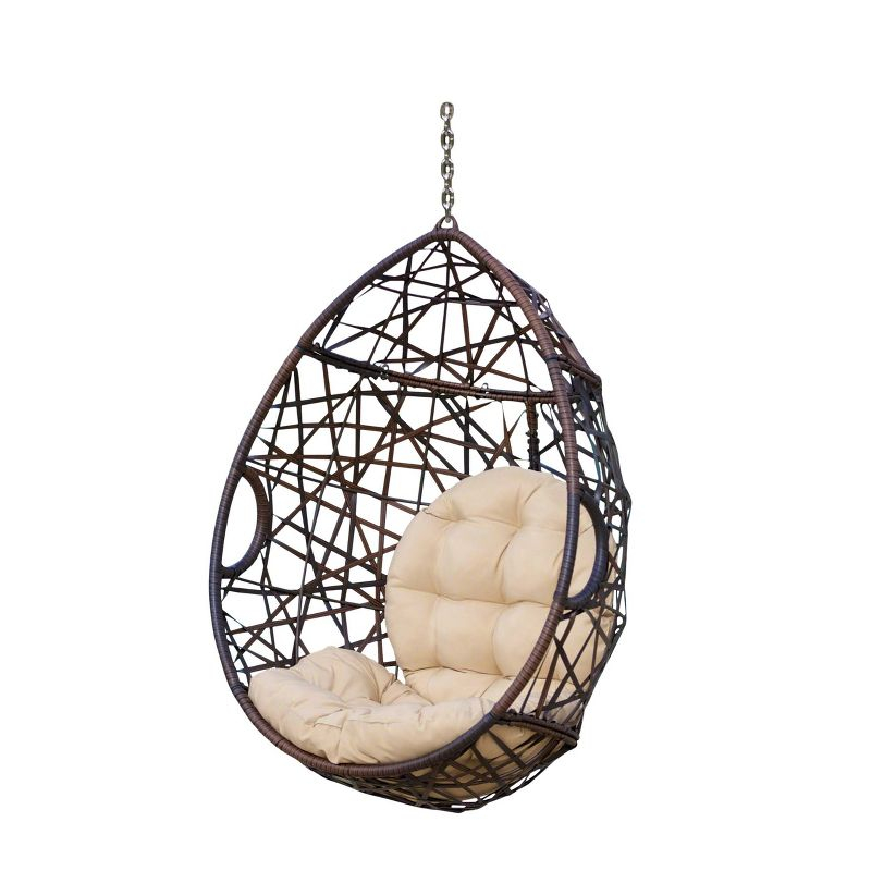 Cayuse Wicker Tear Drop Hanging Chair - Brown/Tan - Christopher Knight Home: Outdoor Patio Swing with Cushion