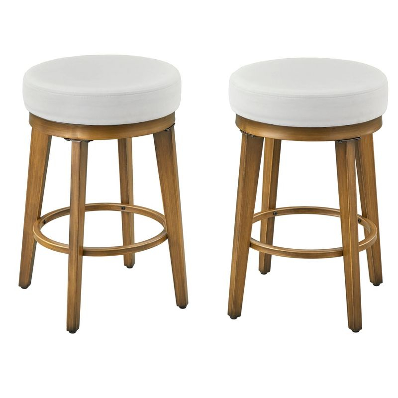 angelo:HOME 2Pc 30.5" Linden Swivel Counter Height Barstools White/Gold: Bonded Leather, Metal Frame, Fixed Seat