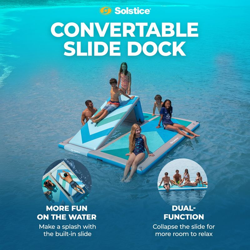 Solstice 10 Foot x 8 Foot Inflatable Convertible Floating Slide Dock Water Lounger Platform with Pump and Storage Bag for Lakes, Pools, and Rivers
