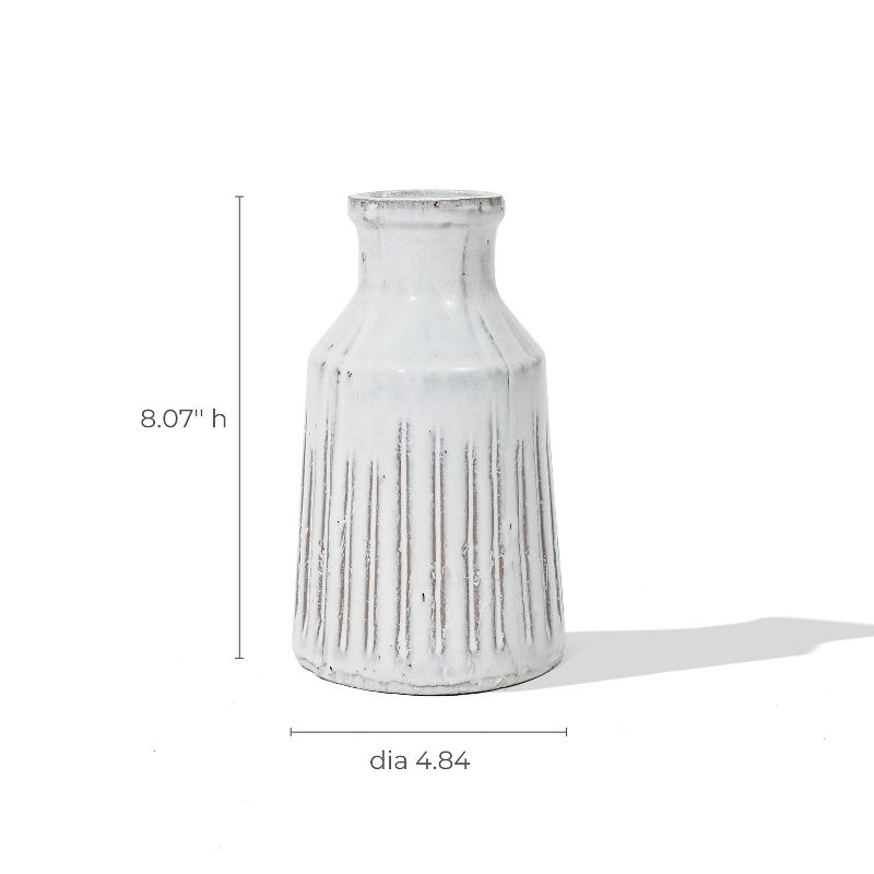 LuxenHome Vintage White Ribbed Terracotta Round Vase