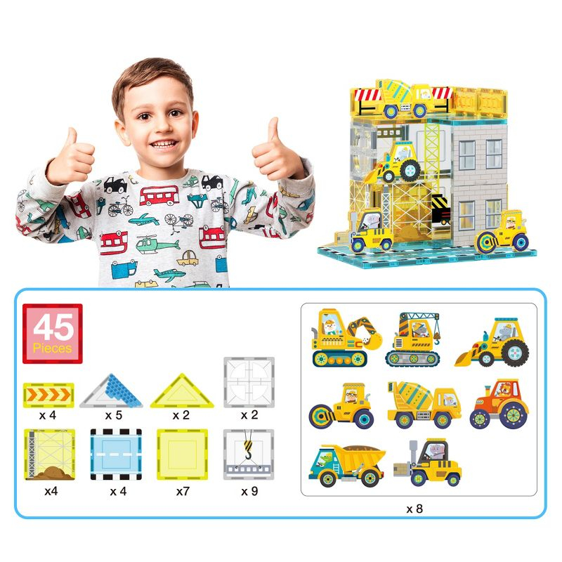 Picasso-TILES 45 PC Construction Themed, Magnetic Tiles, Magnetic Building Blocks for Kids, Magnet for Kids 3+