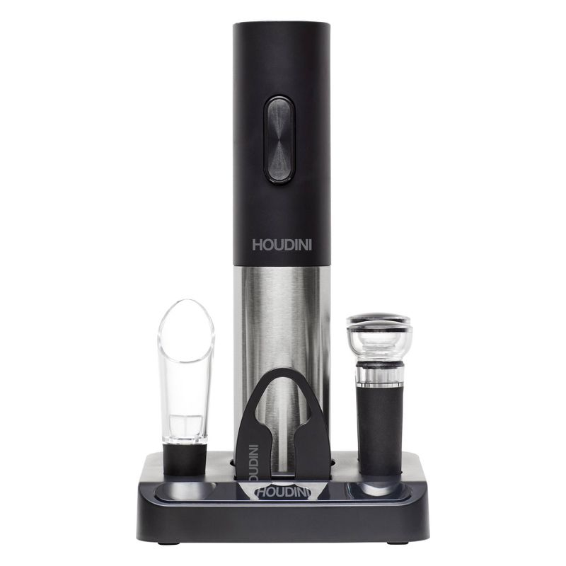 Houdini Electric Wine Corkscrew Set: Stainless Steel & ABS, 6-Piece Barware, Battery Operated Wine Opener, Black