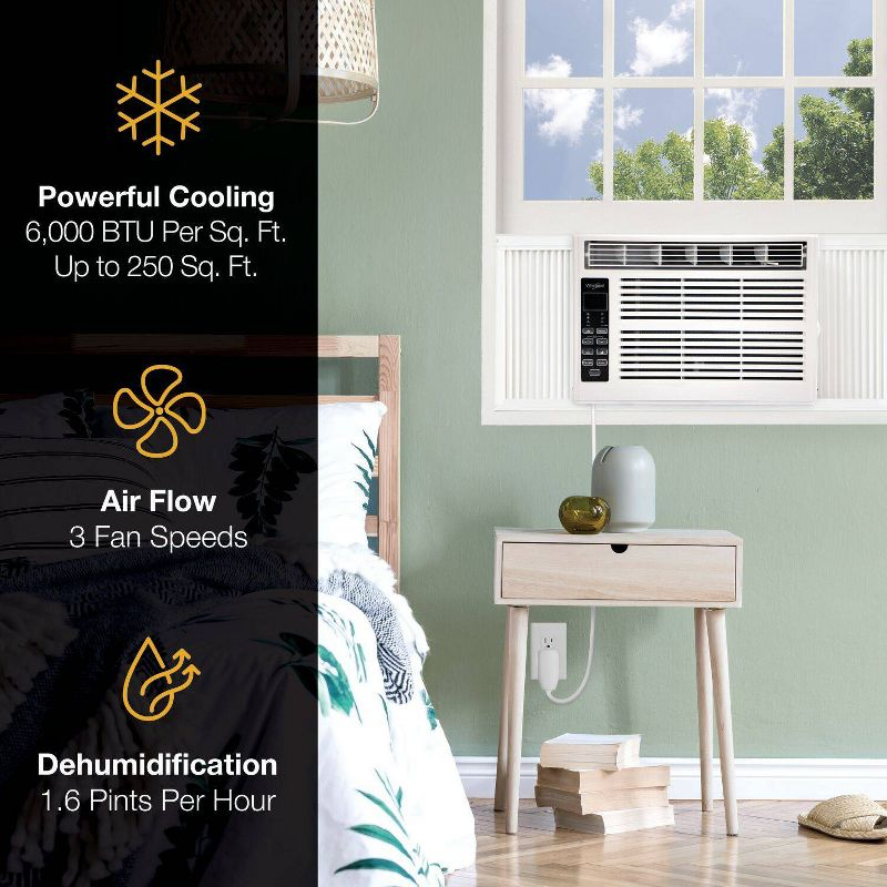 Whirlpool 6000 BTU 115V Window Mounted Air Conditioner and Dehumidifier: 3 Speeds, 8-Way Air Control, 200-500 sq. ft.