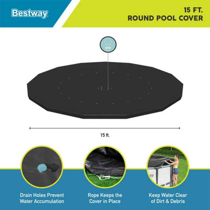 Bestway Round Pool Cover Accessory for 15 Foot Above Ground Framed Swimming Pools and Round Inflatable Ring Pools, Black (Cover Only)