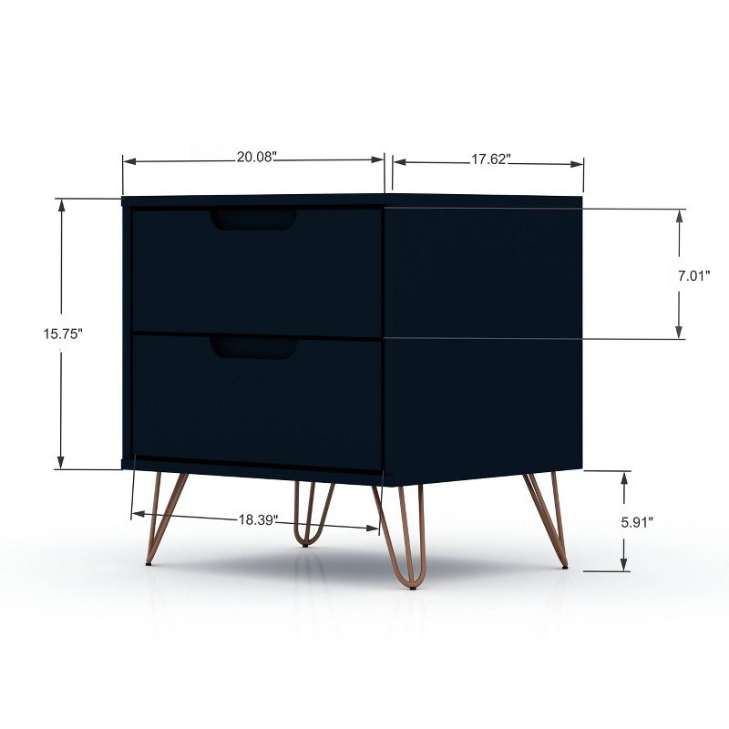 Set of 2 Rockefeller 2 Drawer Nightstands Tatiana Midnight Blue - Manhattan Comfort: Modern Splayed Metal Legs, MDF