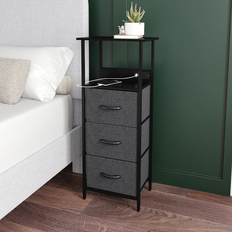 Emma and Oliver Charging Nightstand with 3 Fabric Drawers, 2 USB Ports, 1 Outlet in Charcoal/Blk