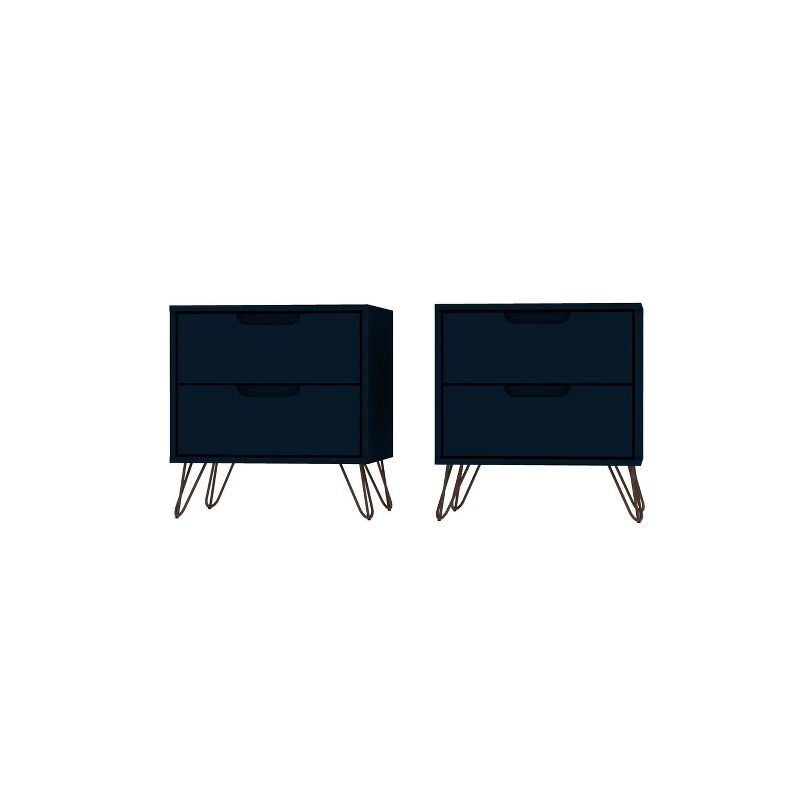 Set of 2 Rockefeller 2 Drawer Nightstands Tatiana Midnight Blue - Manhattan Comfort: Modern Splayed Metal Legs, MDF