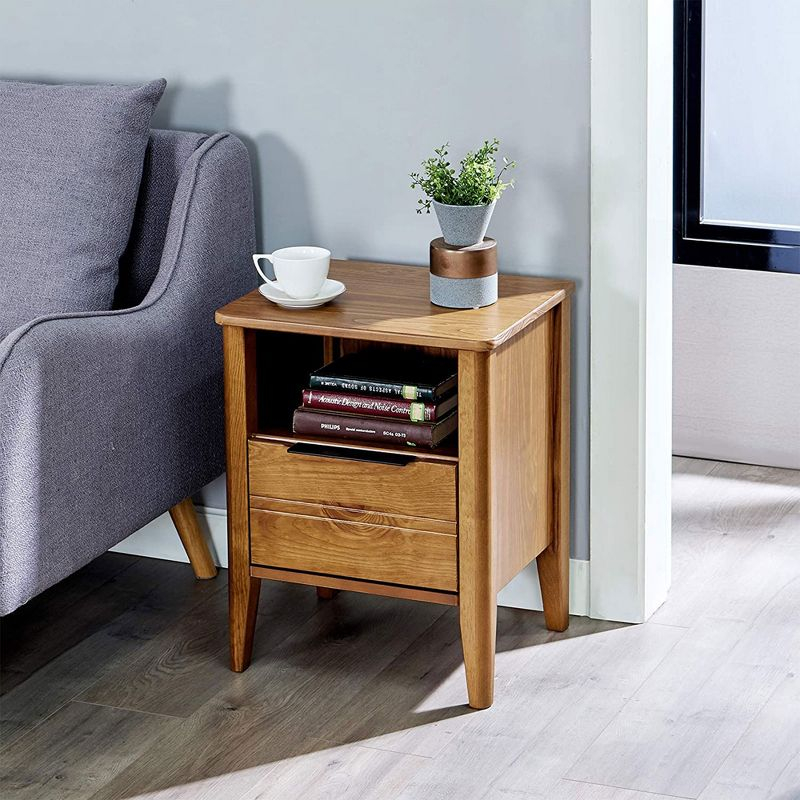 MUSEHOMEINC California Classic 1 Drawer Wooden Bedroom Nightstand Living Room End Table with Open Cabinet and Tapered Legs, Honey Brown