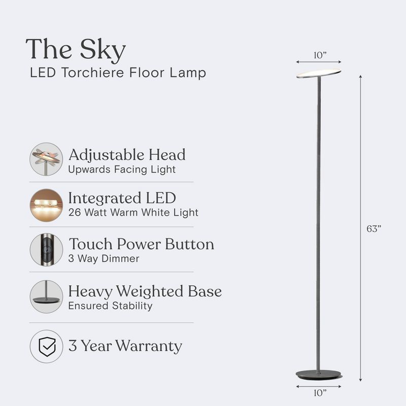 Brightech Sky Modern Dimmable Integrated LED Torchiere Floor Lamp Brushed Nickel: Touch Sensor, 3-Year Warranty, UL Listed