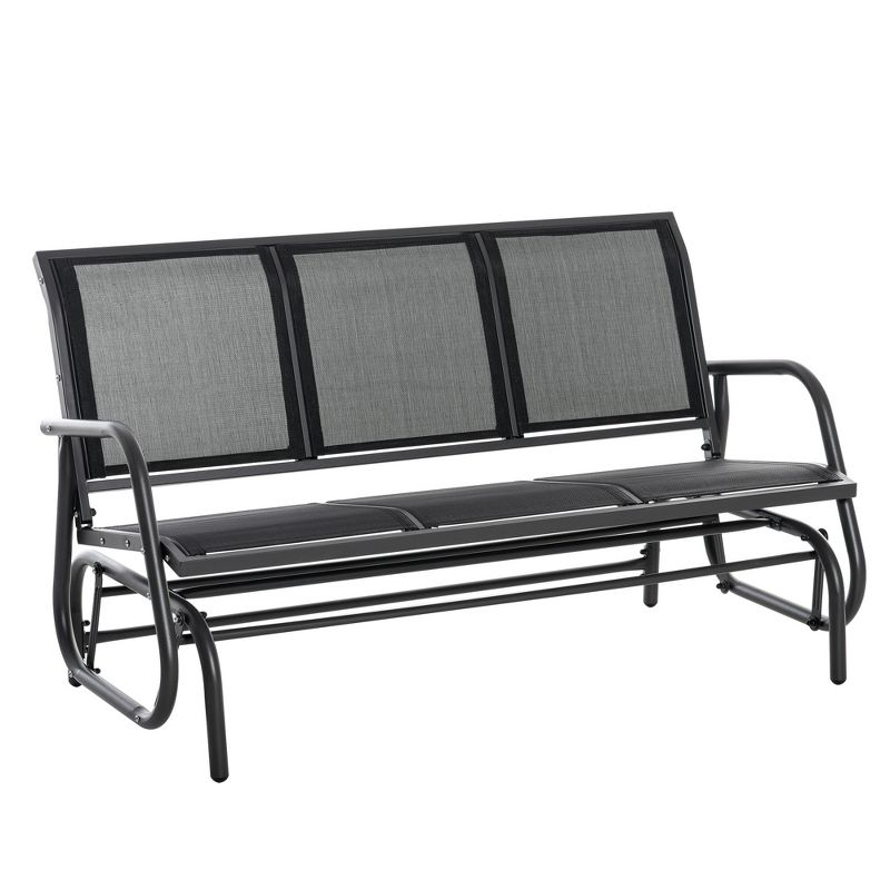 Outsunny Patio Glider Bench, Outdoor Porch Glider Swing with 3 Seats, Breathable Mesh Fabric, Metal Frame, Black