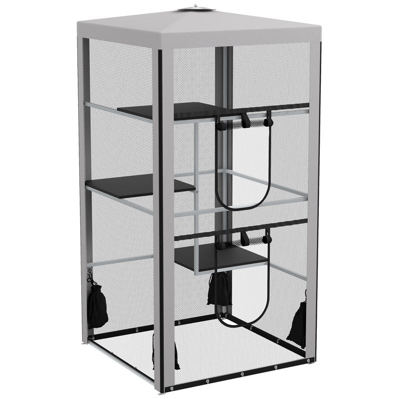 PawHut 79"H Cat House Kitten Enclosure Mesh Playpen Steel Frame with 3 Platforms, 2 Doors and 4 Sandbags for Stability, Indoor/Outdoor