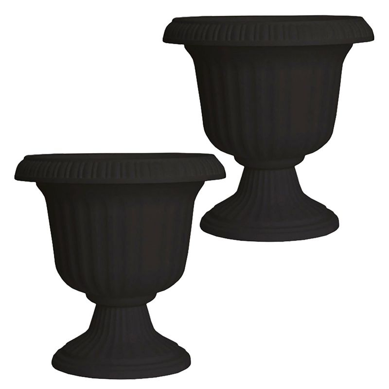 Southern Patio Large 14 Inch Outdoor Garden Lightweight Utopian Urn Planter with UV-Coated Finish for Entryways, Walkways, and More, Black (2 Pack)