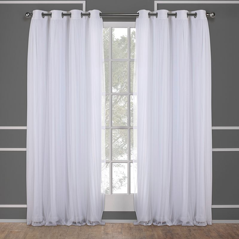 Set of 2 (108"x52") Catarina Layered Solid Blackout & Sheer Window Curtain Panel: White Curtains, Room Darkening